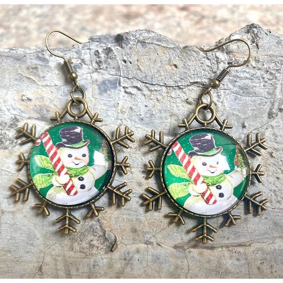 Retro Snowman in Pewter Alloy Snowflake Glass Drop Earrings - Picture 1 of 6